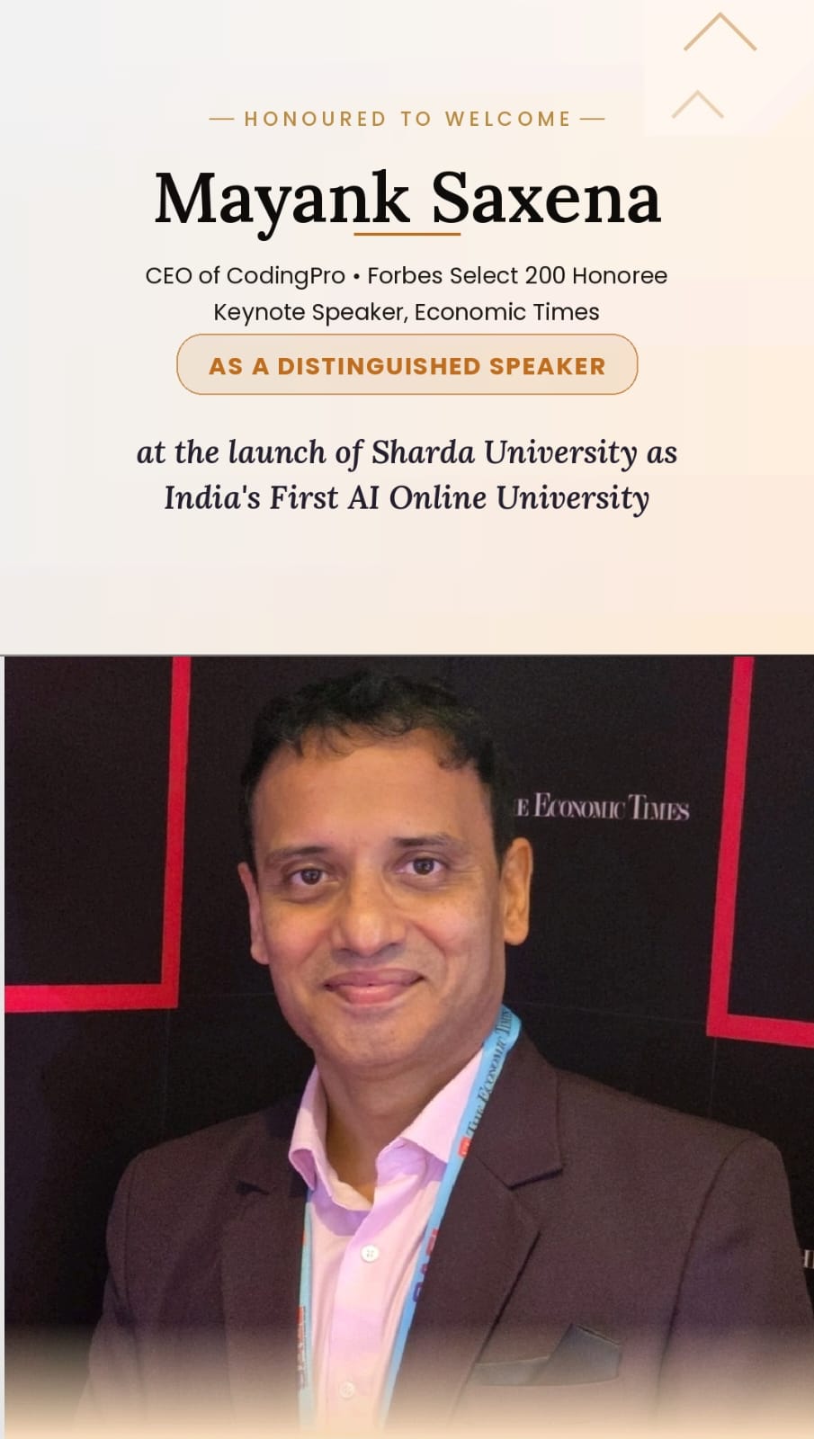 Invitation graphic welcoming Mayank Saxena as a distinguished speaker at the Sharda Online University launch